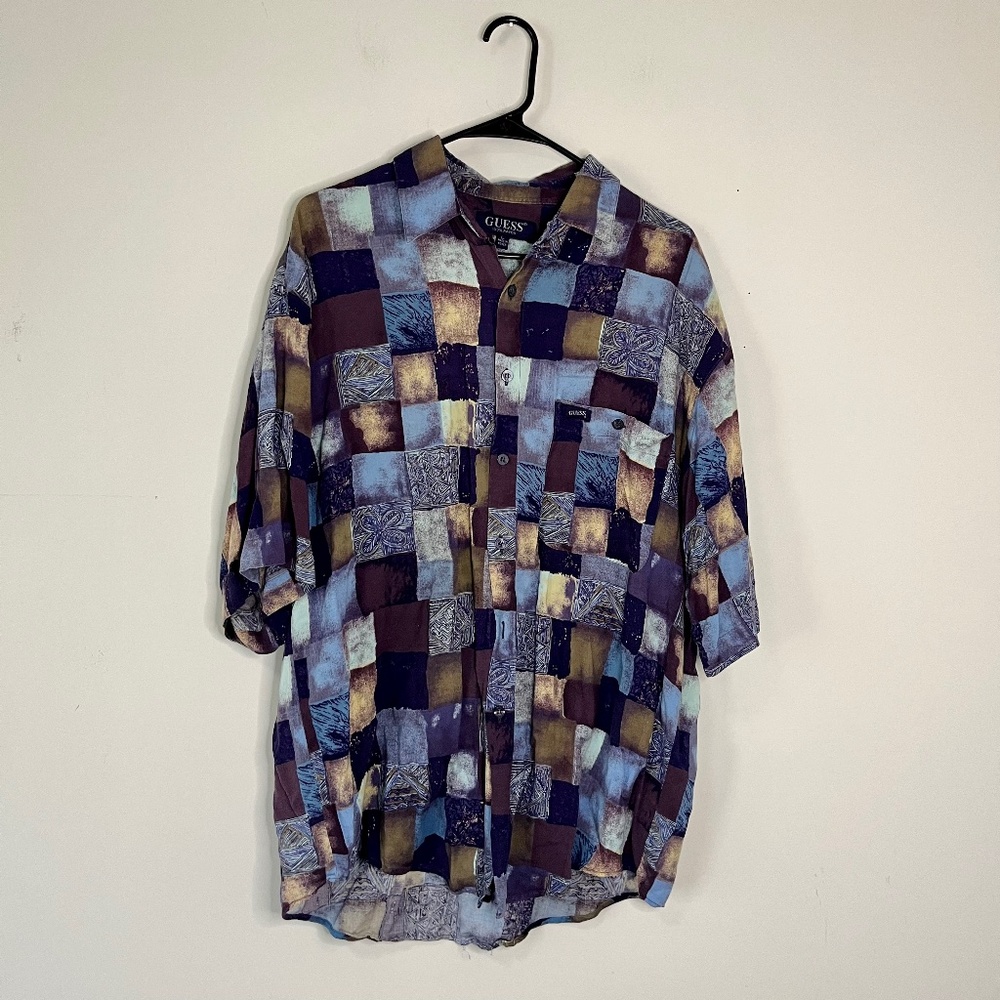 Vintage Guess Printed Short Sleeve Button Down Top Size L